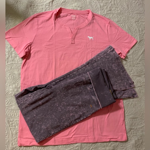 VS Pink NEW Cotton Foldover Flare Leggings And Dreamy Pink Henley Campus Tee NEW - Picture 10 of 15